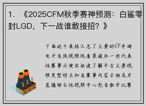 1.  《2025CFM秋季赛神预测：白鲨零封LGD，下一战谁敢接招？》