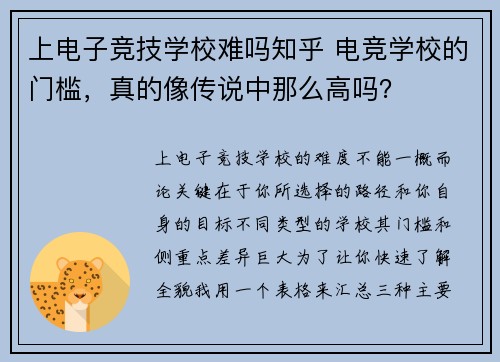 上电子竞技学校难吗知乎 电竞学校的门槛，真的像传说中那么高吗？
