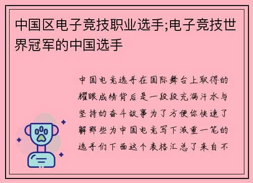 中国区电子竞技职业选手;电子竞技世界冠军的中国选手