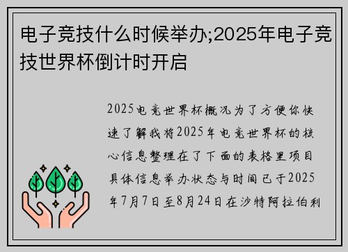 电子竞技什么时候举办;2025年电子竞技世界杯倒计时开启